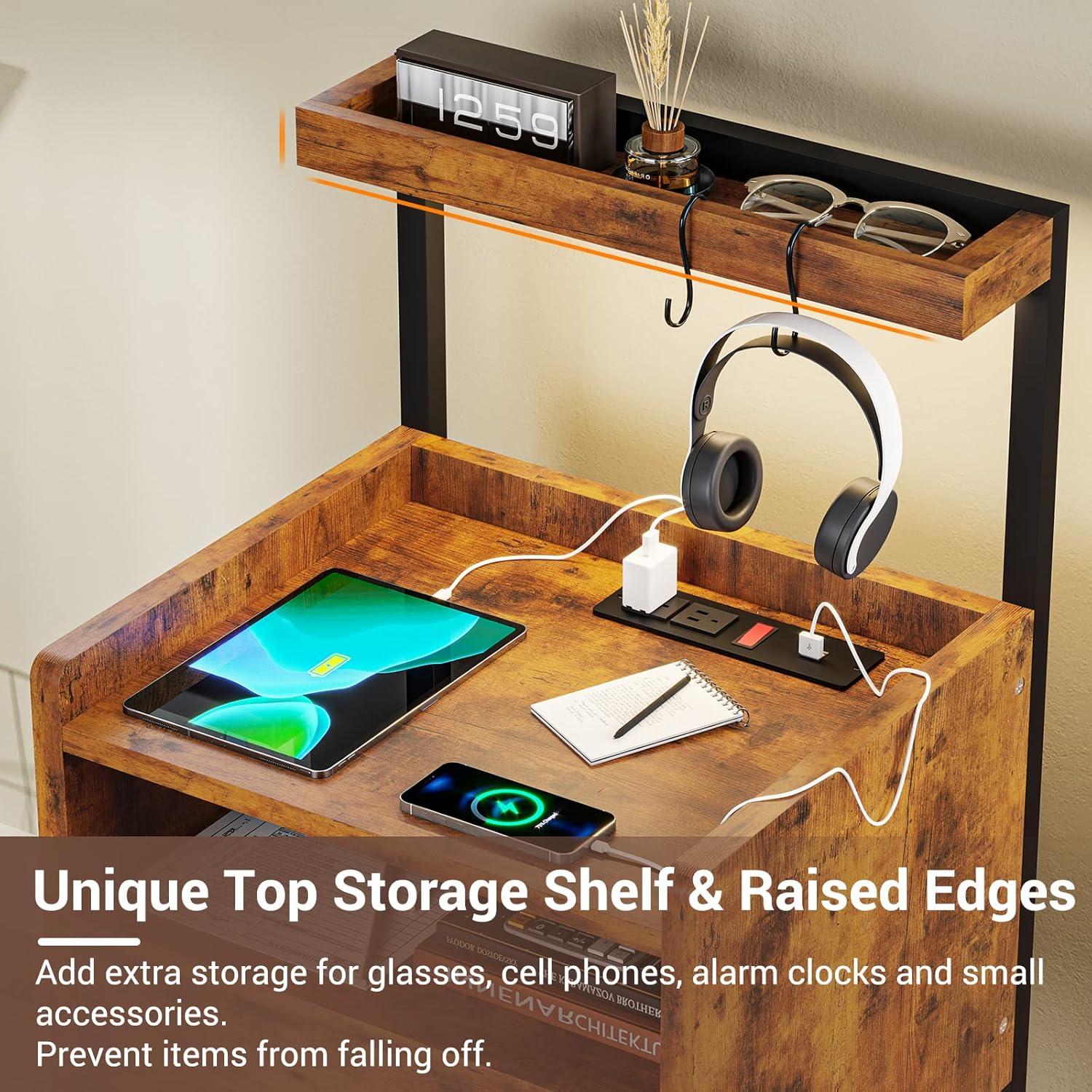 Brown LED Night Stand with Charging Station, Modern Bedside Table for Bedroom