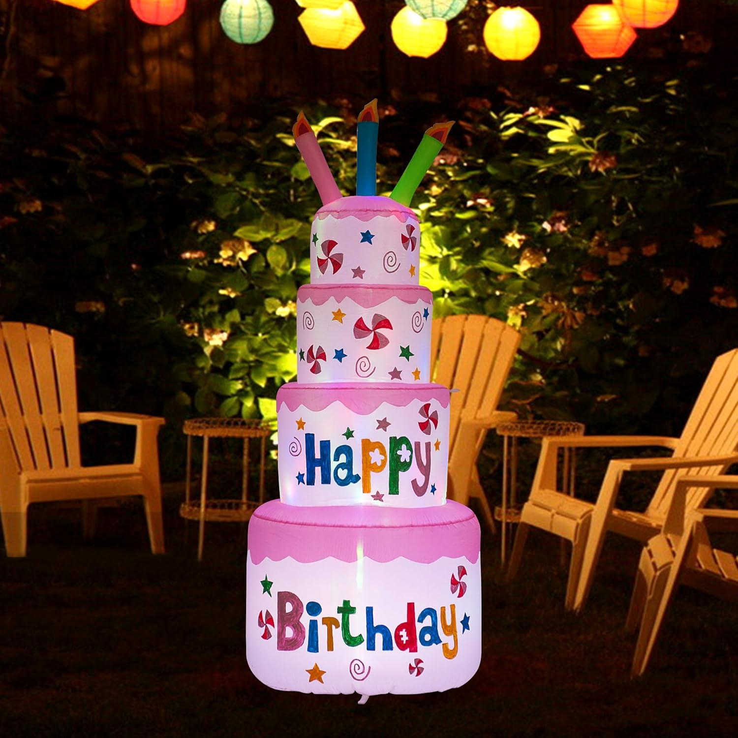 AJY 6 Feet Birthday Inflatable Happy Birthday Inflatable Cake with Candle Blow Up Inflatable Indoor Outdoor Yard Lawn Decoration Clearance