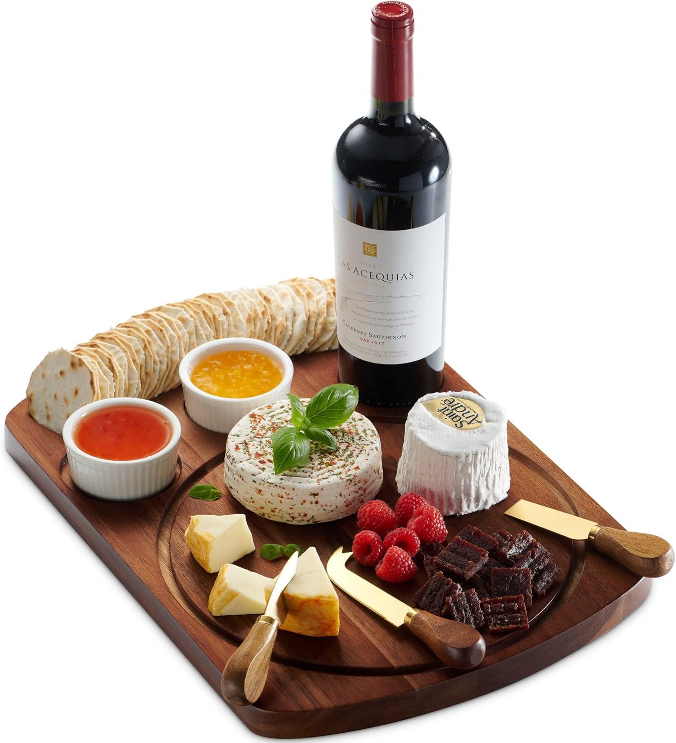 Acacia Wood Cheese Board Set with Acrylic Dome and Dip Bowls