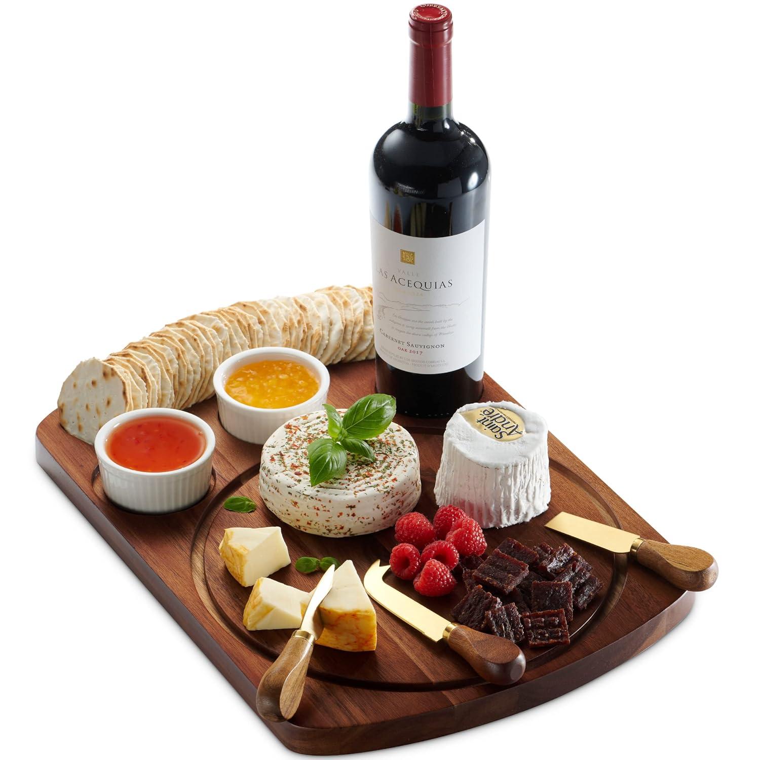Acacia Wood Cheese Board Set with Acrylic Dome and Dip Bowls