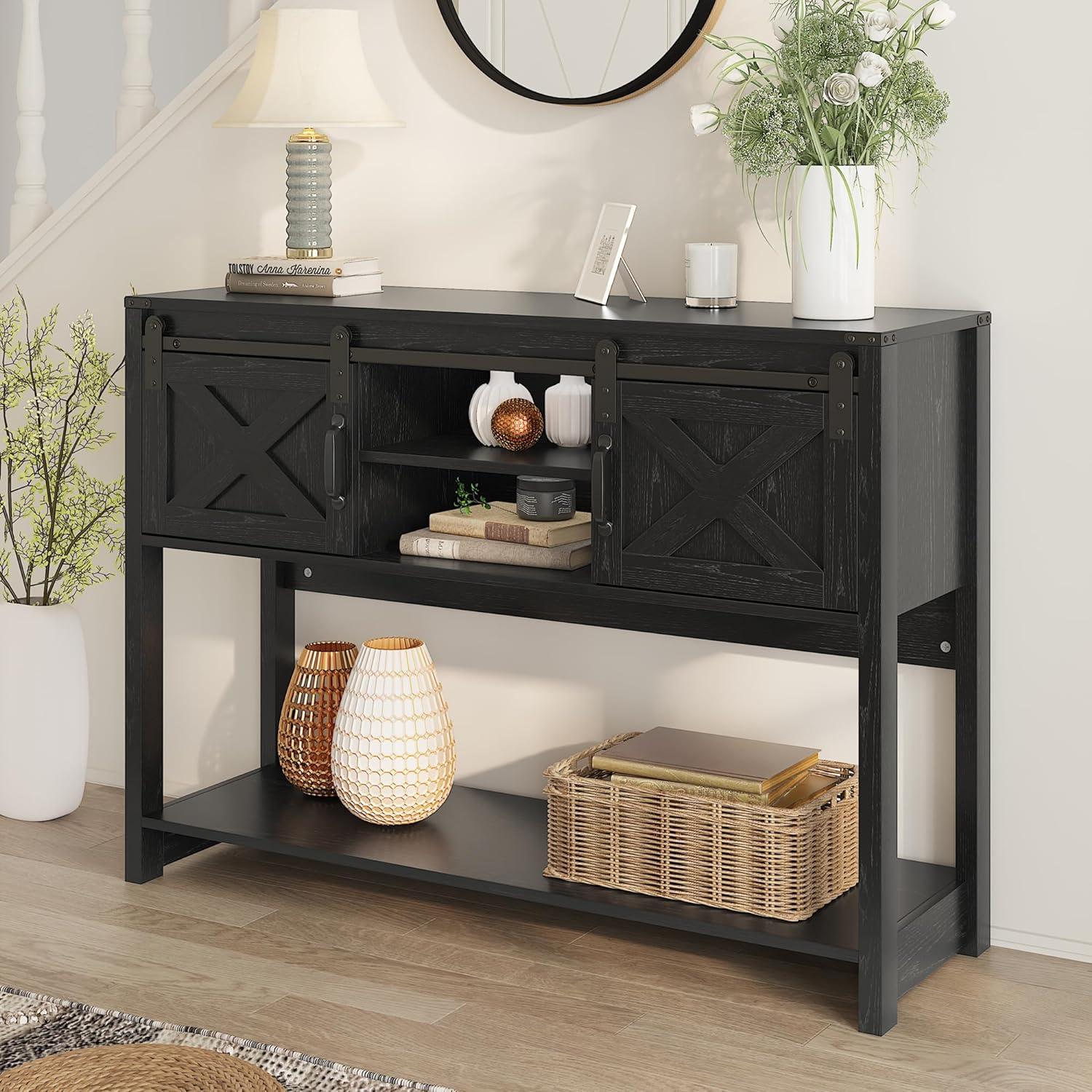 Black Engineered Wood Console Table with Sliding Barn Doors and Storage