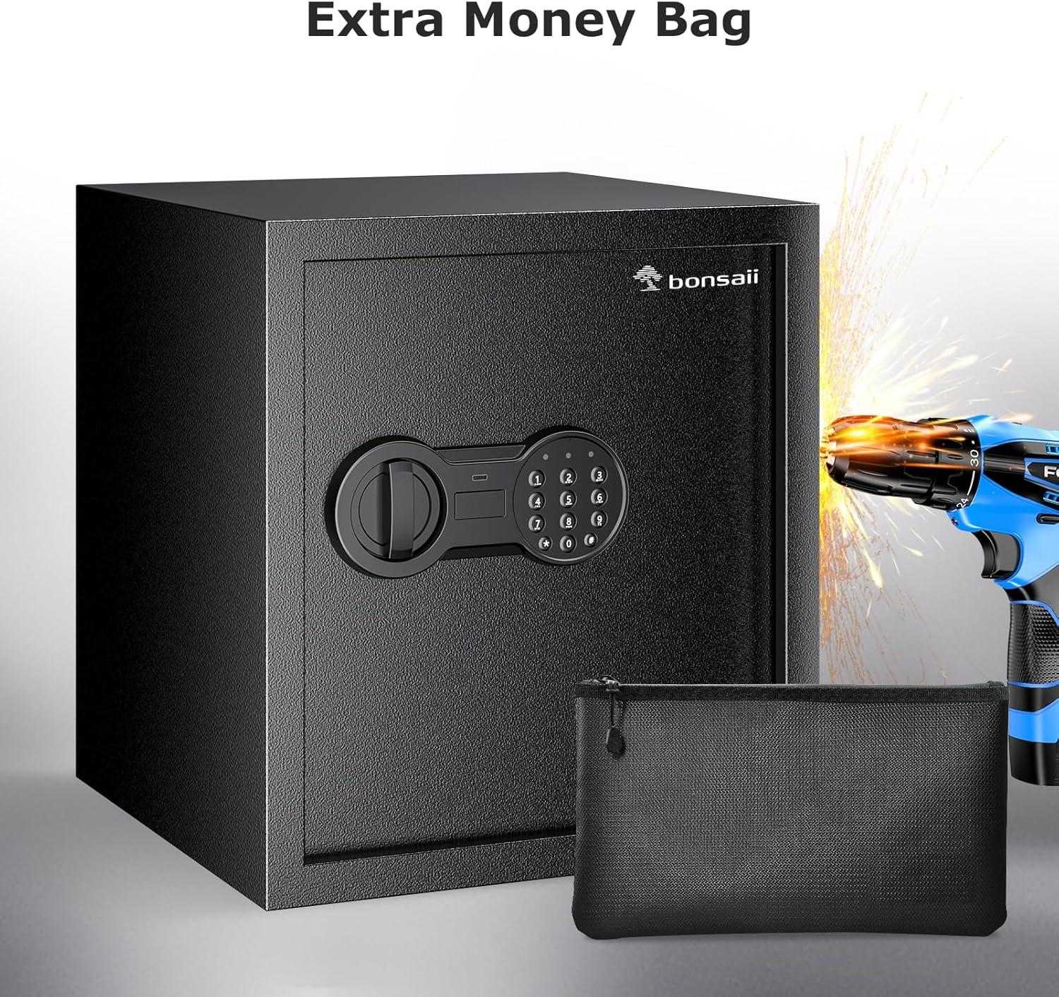 Bonsaii Security Safe Box with Money Bag, 1.28 Cubic Feet Large Document Safe Box for Home, Digital Keypad Lock, Removable Shelf for Money, Medicine, Valuables, 12.99 x 14.17 x 12.99 Inches