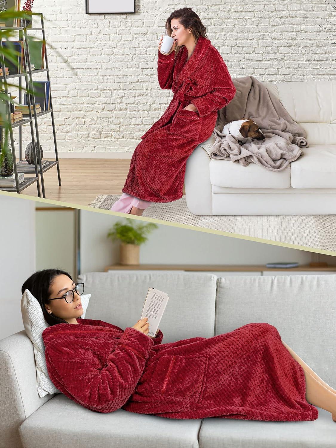 PAVILIA Women Plush Fleece Robe, Soft Textured Bathrobe, Lady Cozy Spa Long Robes, Fuzzy Satin Waffle Trim