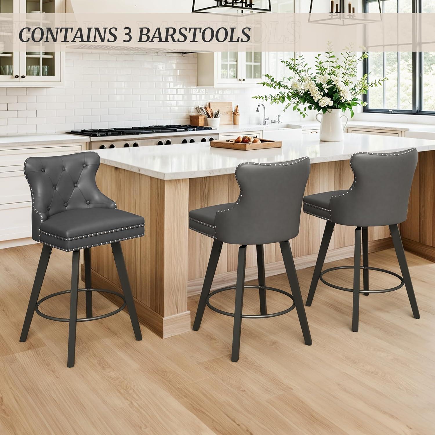 Dark Gray Faux Leather Swivel Counter Stools with Wood Legs, Set of 3