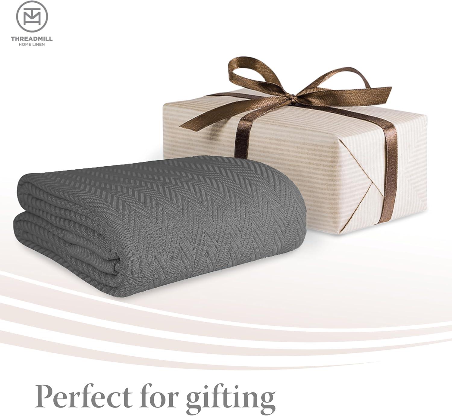 Threadmill Home Linen Cotton Thermal Blanket, Twin Size Bed, Herringbone, 350GSM, 68x92, Dark Grey