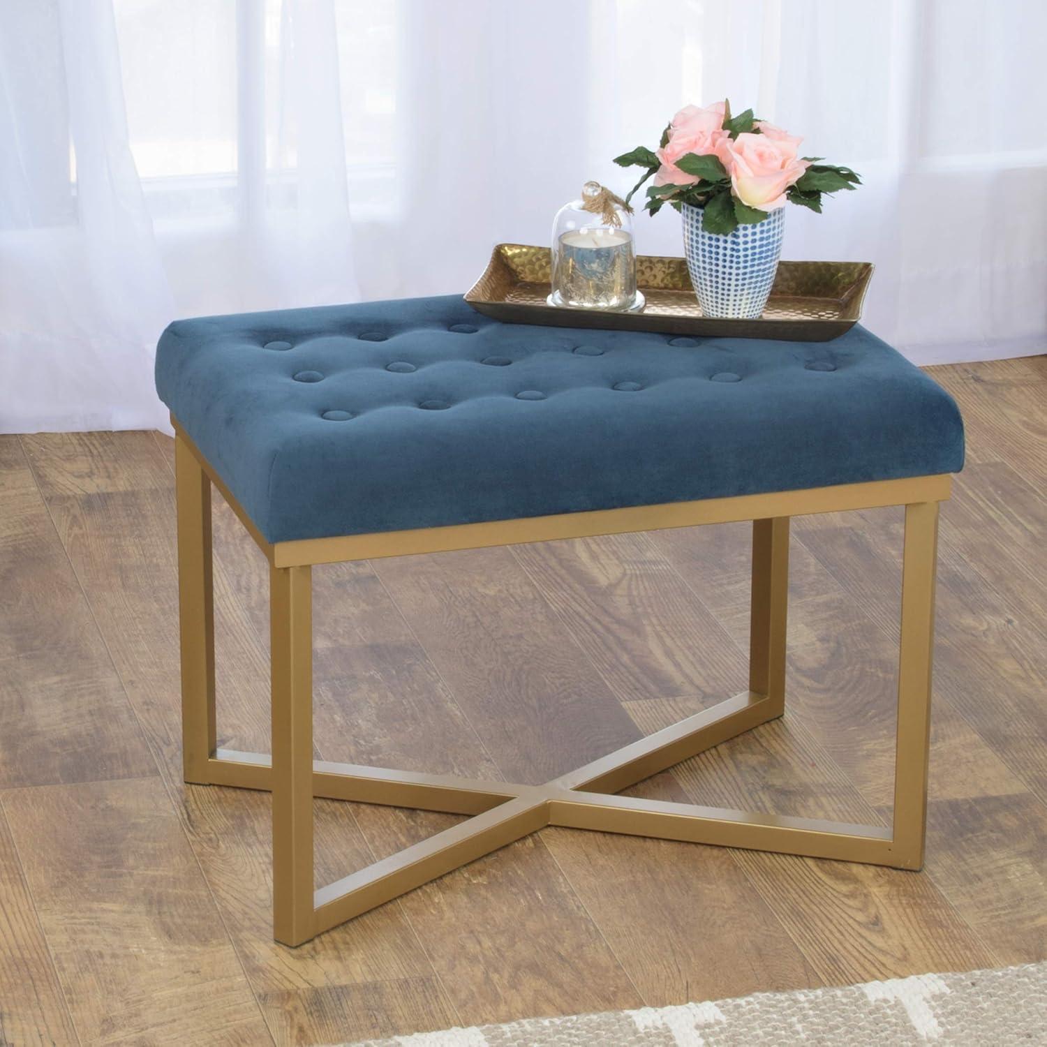 Blue Tufted Velvet Ottoman Bench with Gold Metal Base