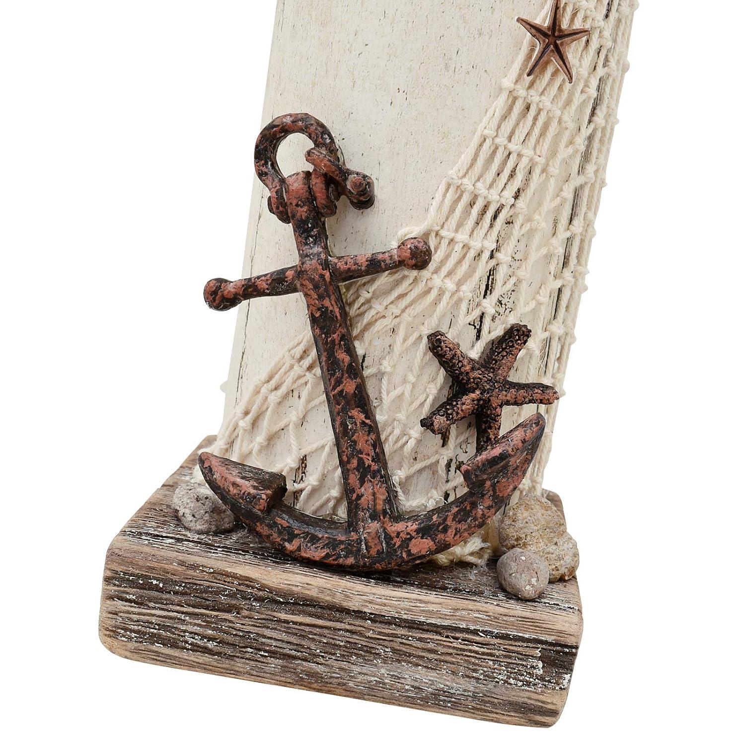 Rustic White and Brown Wooden Lighthouse Decor with LED Light