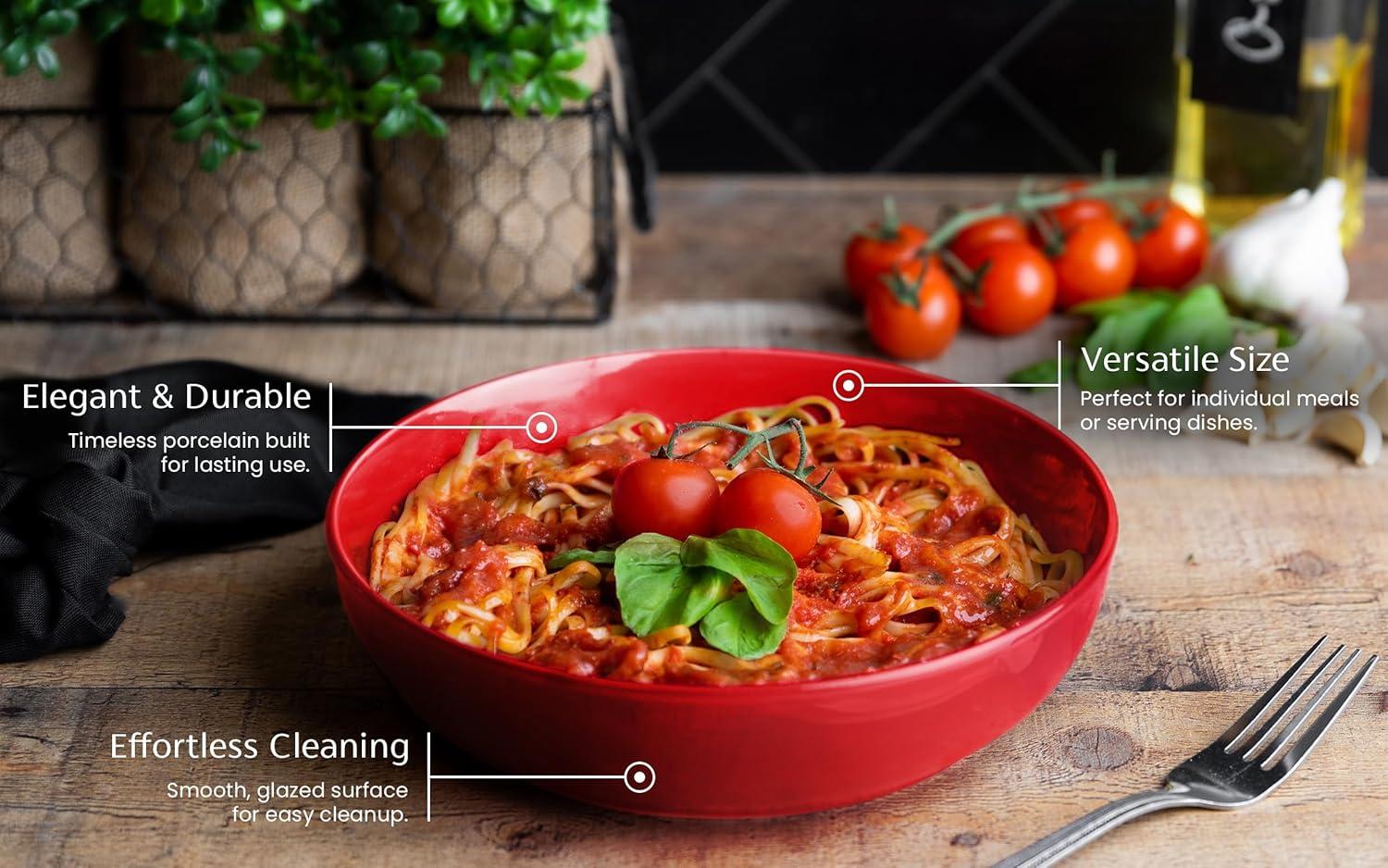 Kook Ceramic Pasta Bowls, Set of 4, 40 oz, Red
