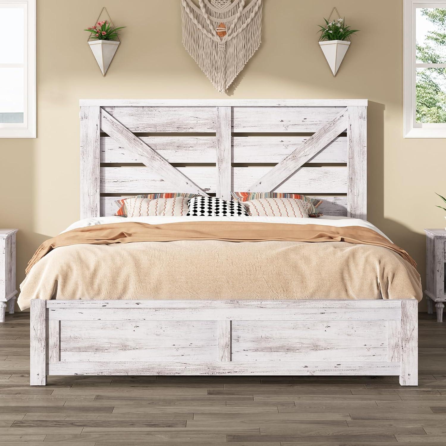 Distressed White Queen Size Wooden Farmhouse Bed Frame with Barn Door Headboard