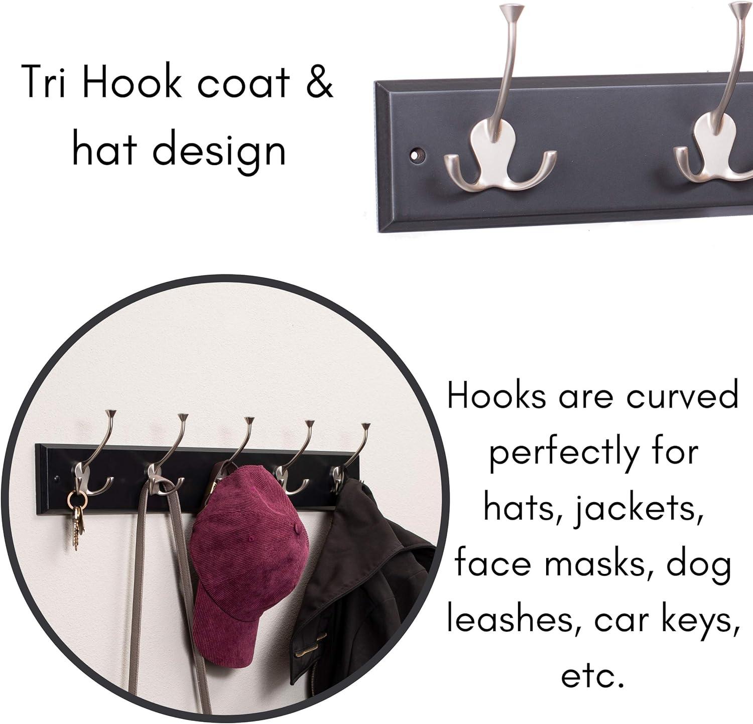 BirdRock Home Tri Hook Coat Rack - 5 Hooks - Wall Mount Hat Rack - Black Finish - Satin Nickel Hooks