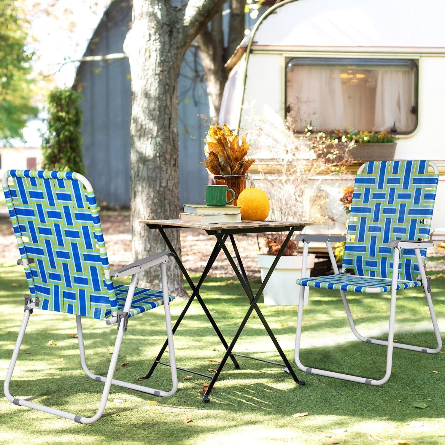 Set of 2 Blue Webbed Folding Camping Chairs with Arms