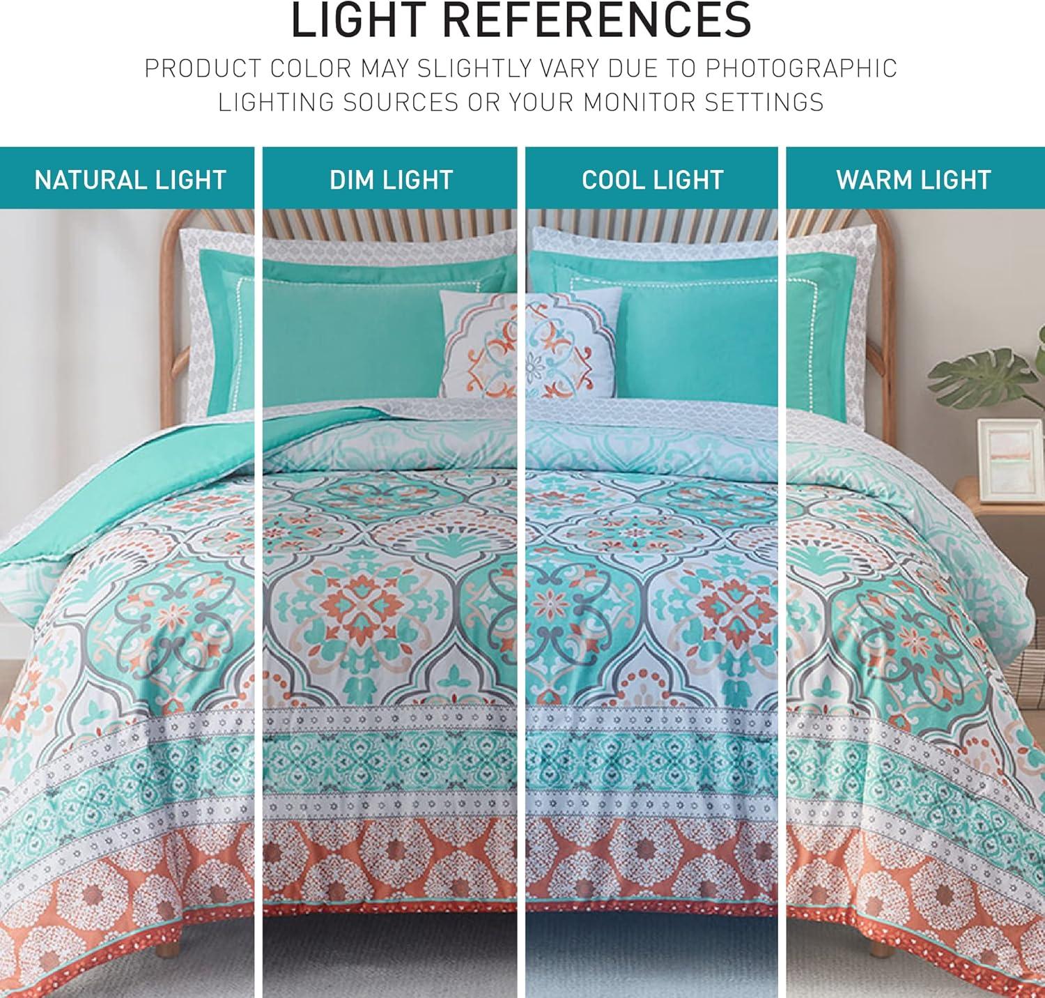 Queen Size Aqua and Coral Microfiber Boho Bed in a Bag Set