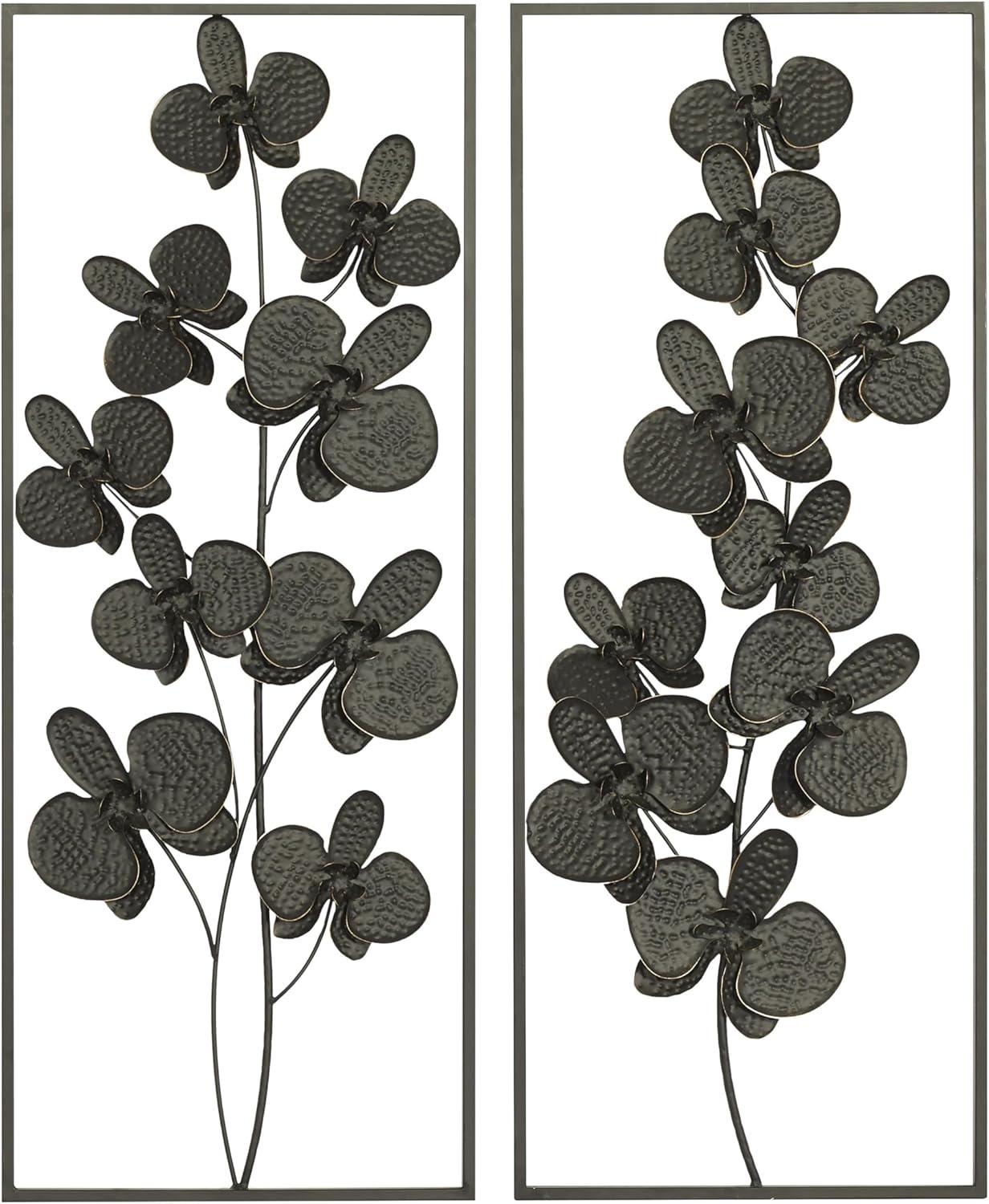 Elegant Black Orchid Metal Wall Sculpture Set, 14"W x 36"H