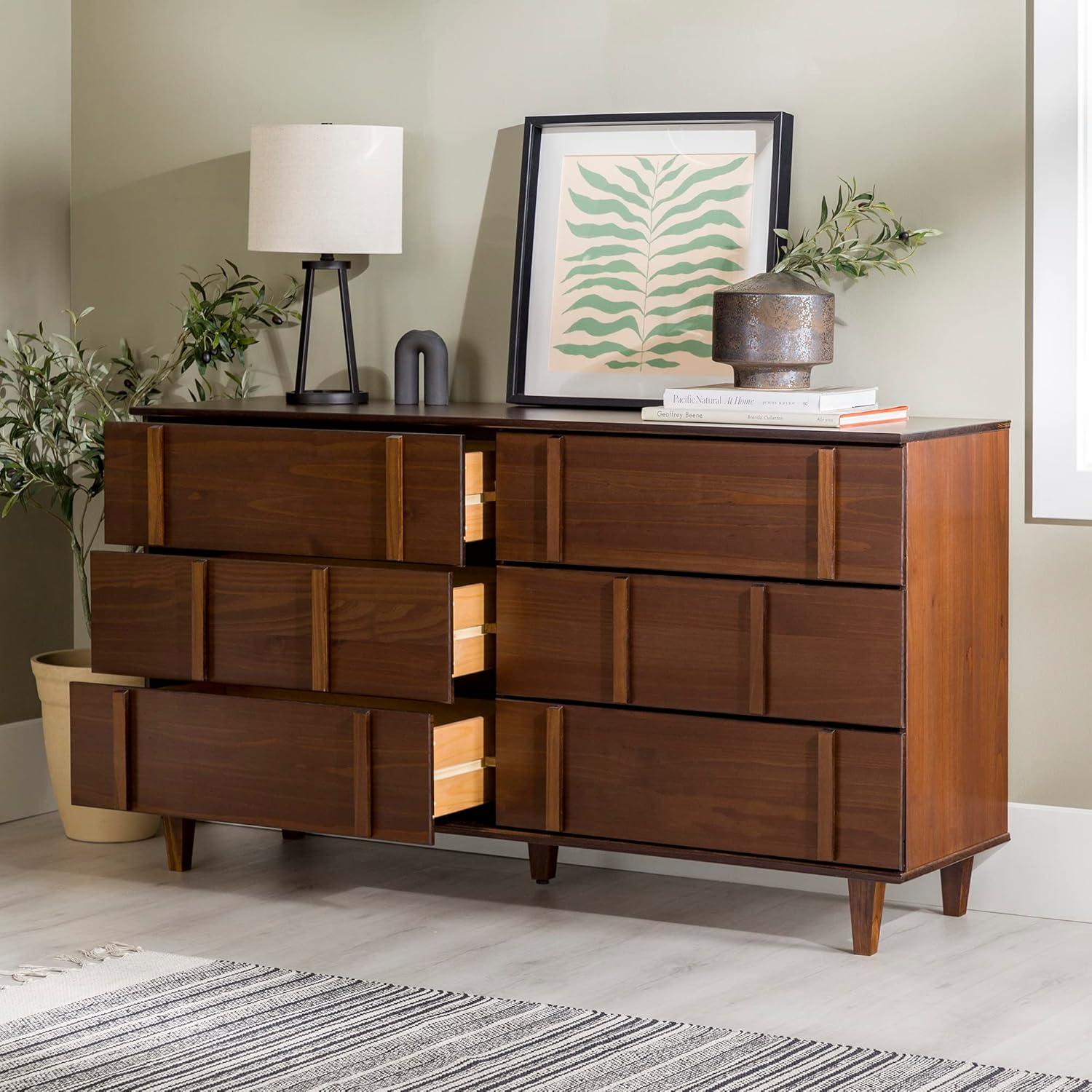 Saracina Home Modern Vertical Accent Solid Wood 6 Drawer Double Dresser Walnut