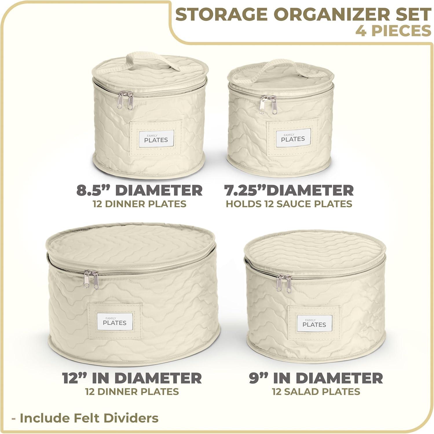 Beige Quilted Fabric Stackable Lidded Plate Storage Set