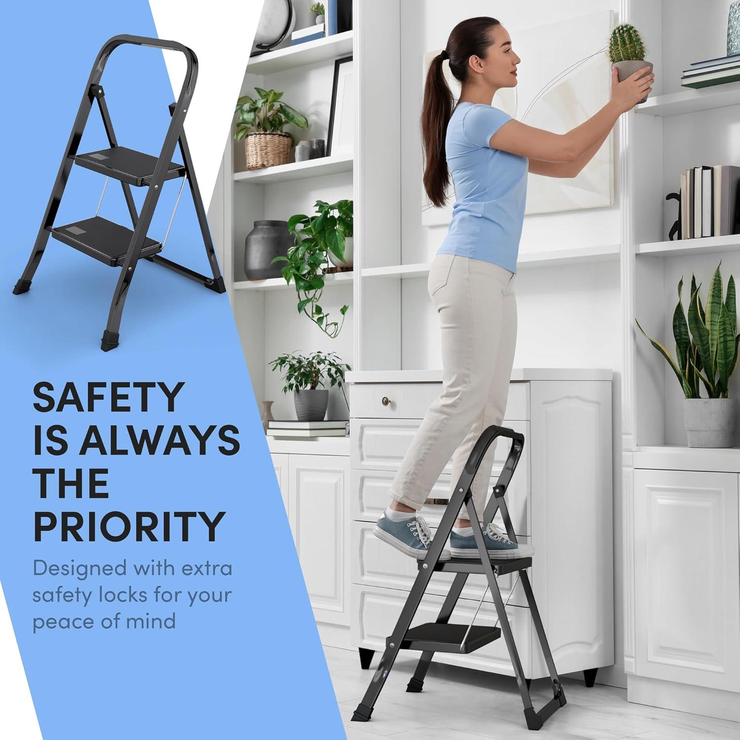 Lifetime Appliance Parts 2-Step Ladder with Wide Anti-Slip Platform & Thick Rubber feet - Foldable & Portable - 330 lbs Capacity - BLACK