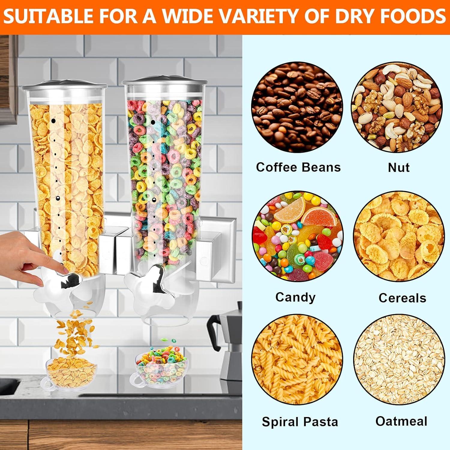 Cereal Dispenser Wall Mounted, Large Dry Food Dispenser with Cup, Grains Dispenser Wall Mounted, Candy Dispenser Wall Mount for Store Food Coffee Beans Nuts Snacks, Kitchen Cereal Storage Container 3L