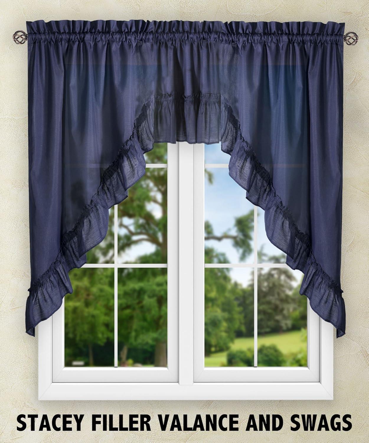 Ellis Stacey 1.5" Rod Pocket High Quality Fabric Solid Color Window Tailored Tier Pair, Navy