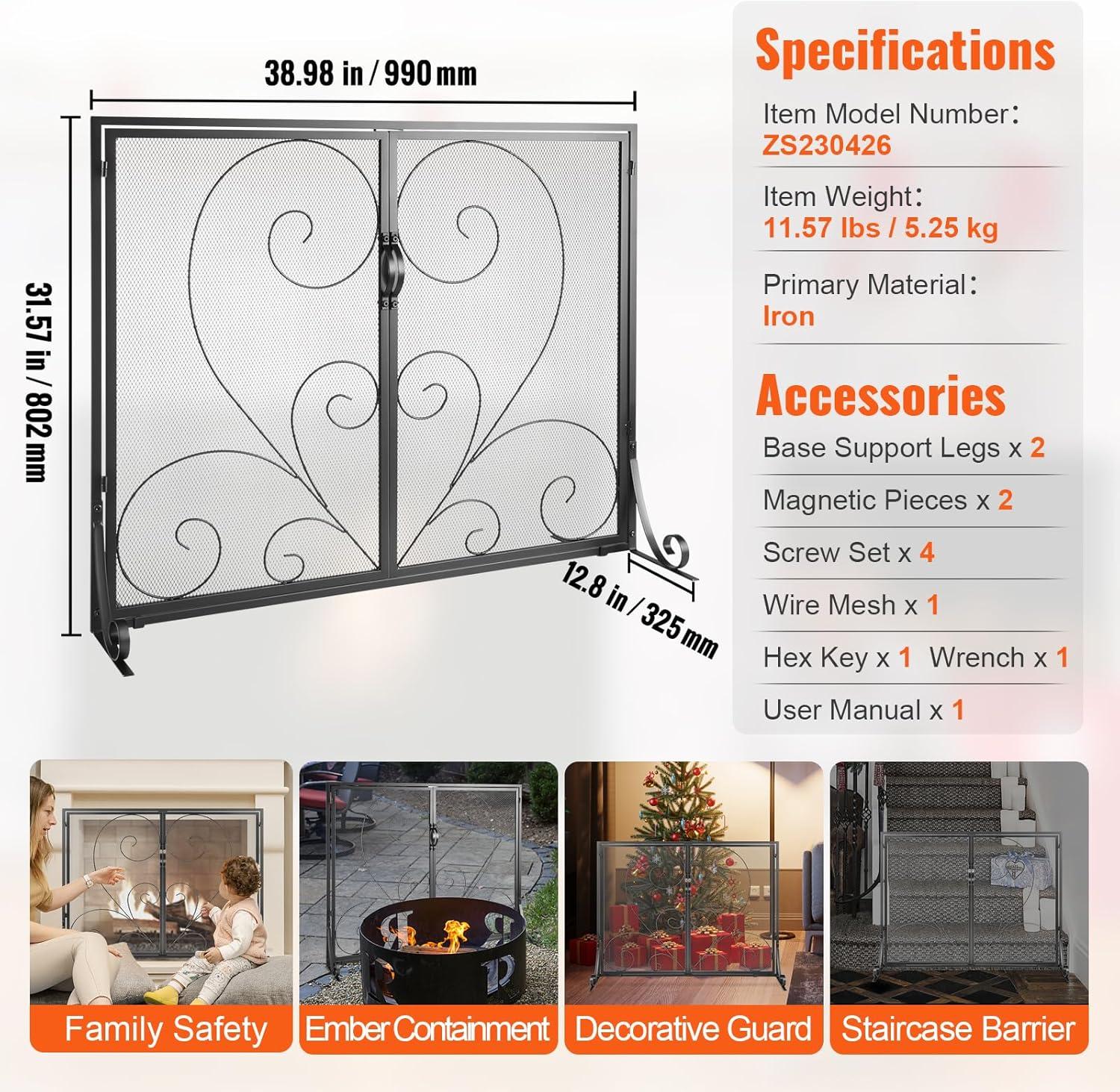 Black Iron Mesh Single Panel Fireplace Screen with Door