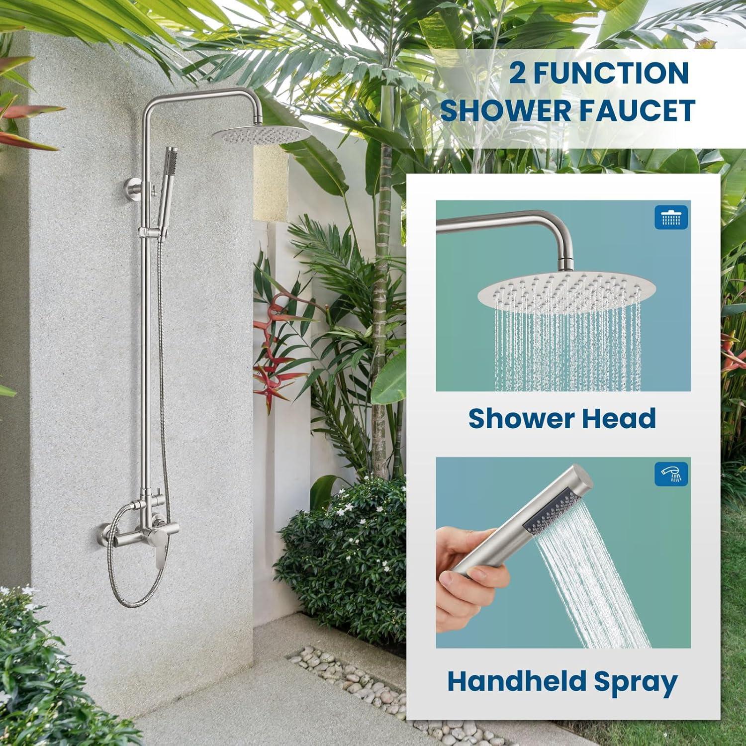 gotonovo SUS304 Outdoor Shower Fixture High Pressure Shower System Combo Wall Mount 2 Dual Function Shower Faucet Set Round Handheld Spray Brushed Nickel Single Handle