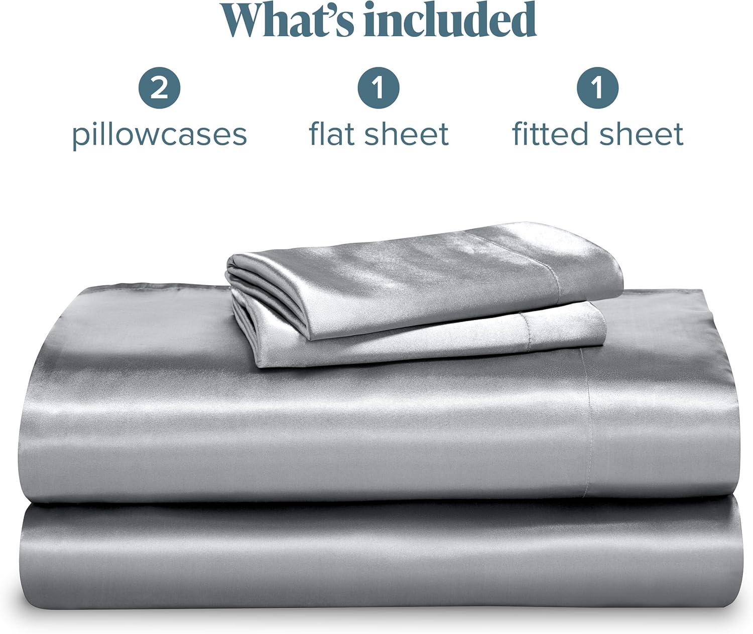Bare Home Queen Poly Satin Sheet Set - Luxury Soft and Smooth Satin - for Hair and Skin - Breathable - Similar to Silk - Deep Pocket up to 15” - Bedding Sheet Set (Queen, Silver)