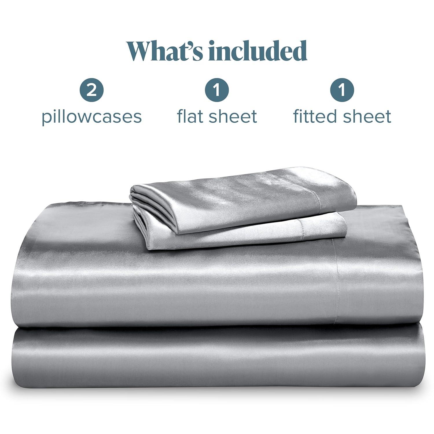 Bare Home Queen Poly Satin Sheet Set - Luxury Soft and Smooth Satin - for Hair and Skin - Breathable - Similar to Silk - Deep Pocket up to 15” - Bedding Sheet Set (Queen, Silver)