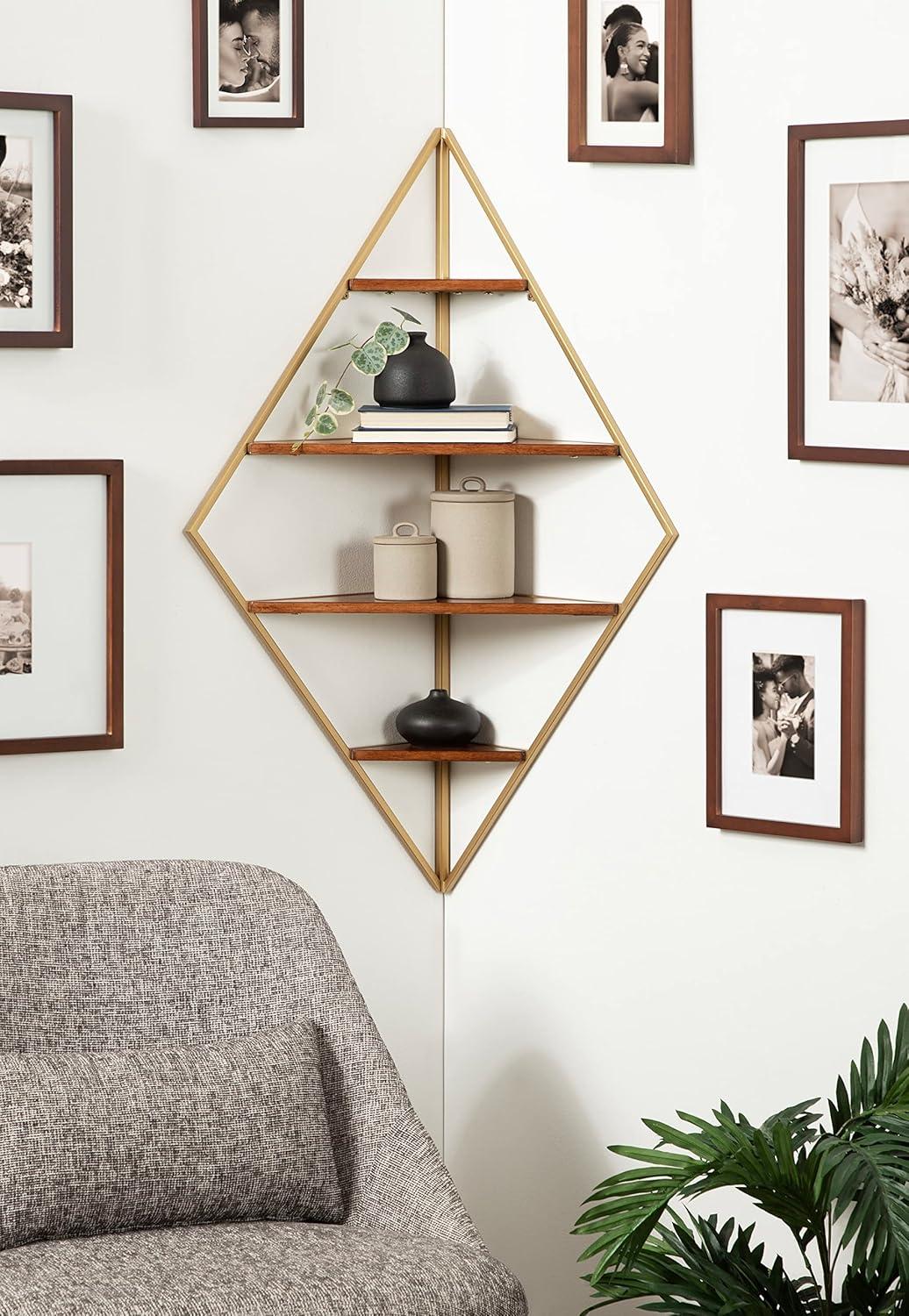 Kate and Laurel Melora Mid-Century Modern Corner Shelf, 24 x 38 x 17, Walnut and Gold, Glamorous Floating Corner Shelving with Four Shelves and Unique Geometric Shape