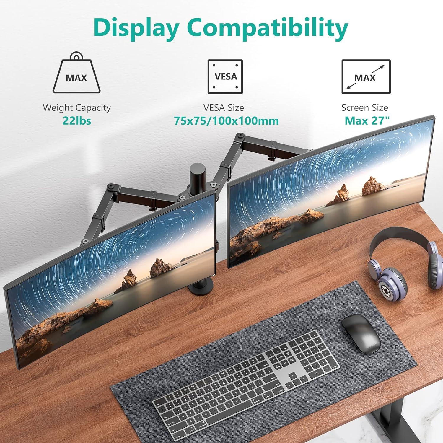 Mount-It! Dual Monitor Mount | Double Monitor Desk Stand | Two Full Motion Adjustable Arms Fit 2 Computer Screens 17 - 32 in. | C-Clamp & Grommet Base