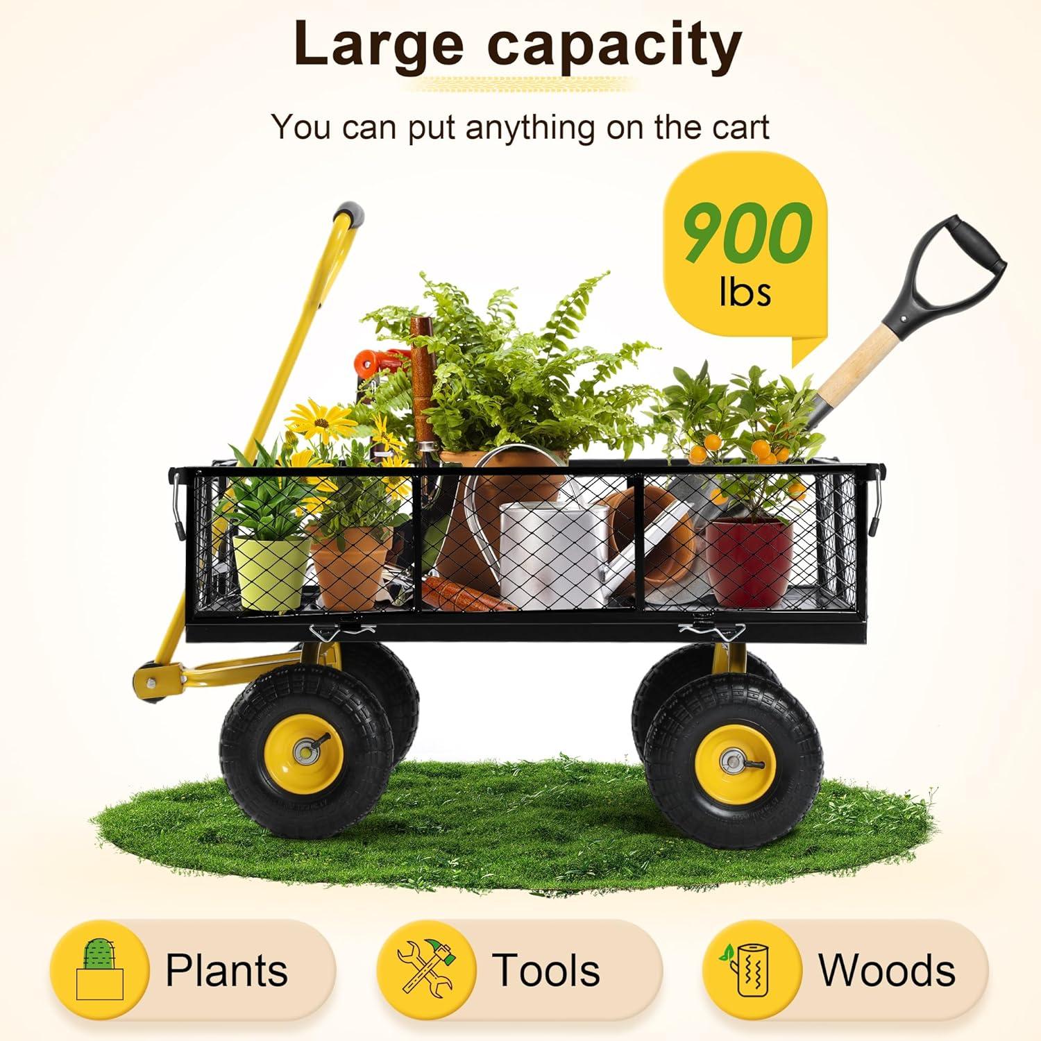 SKYSHALO Heavy Duty Steel Garden Cart 900 lbs Lawn Utility Cart  w/ Removable Sides to Convert into Flatbed, Mesh Metal Wagon with 180° Rotating Handle and 10 in Tires for Garden, Farm, Yard