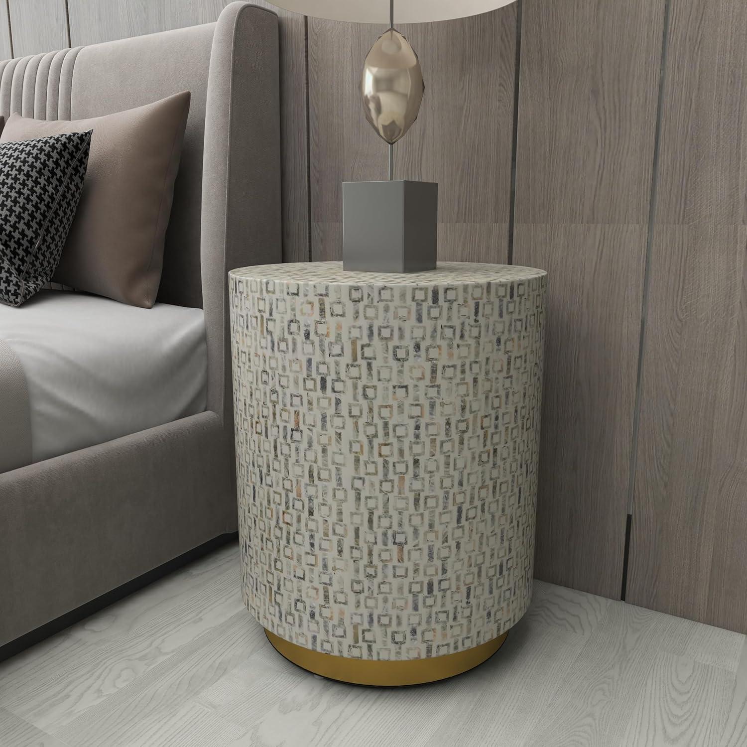 DecMode 18" x 22" White Mother of Pearl Accent Table with Gold Base and Geometric Patterns, 1-Piece