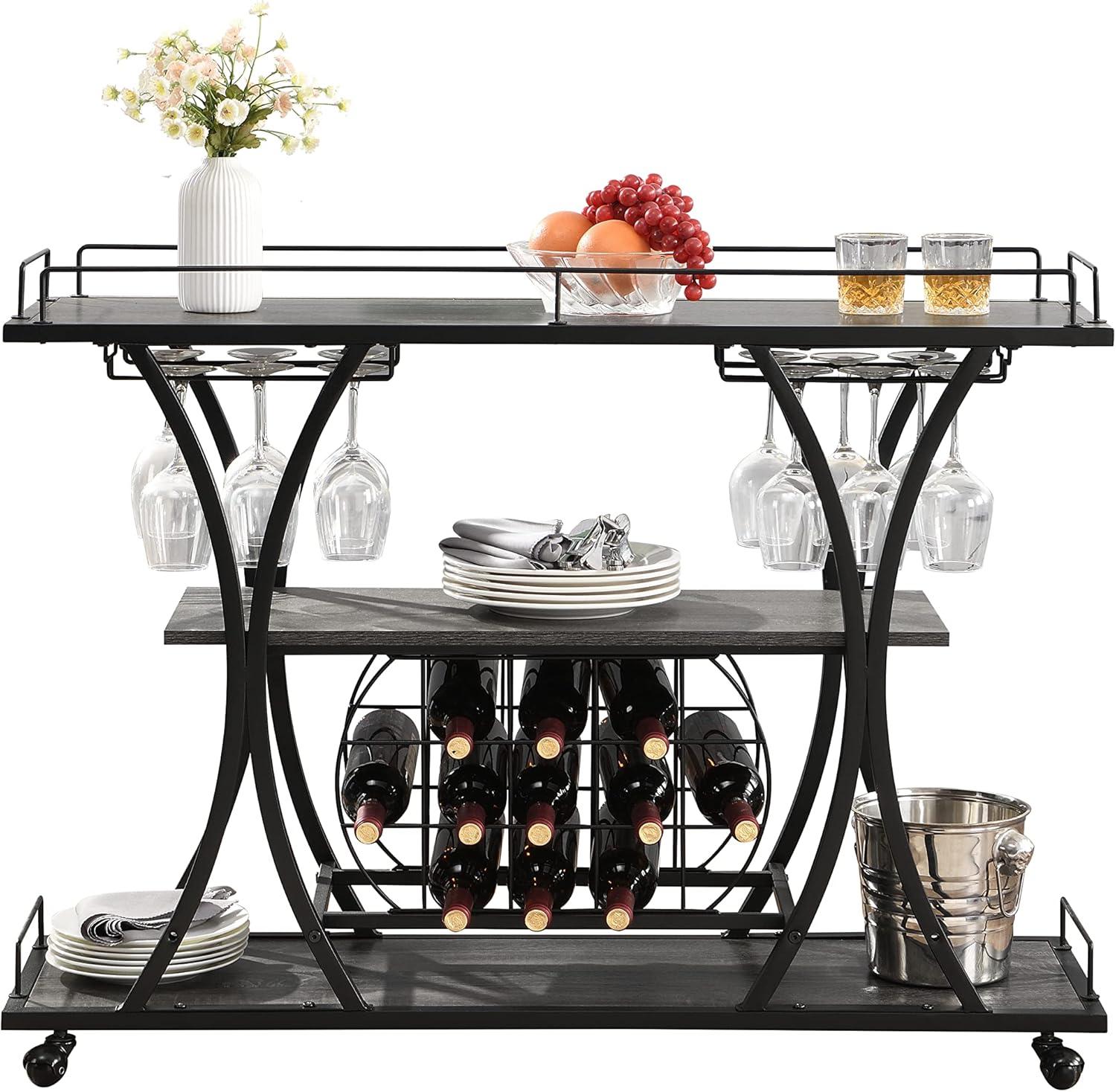 Gray Industrial Bar Cart with Wine Rack and Glass Shelf