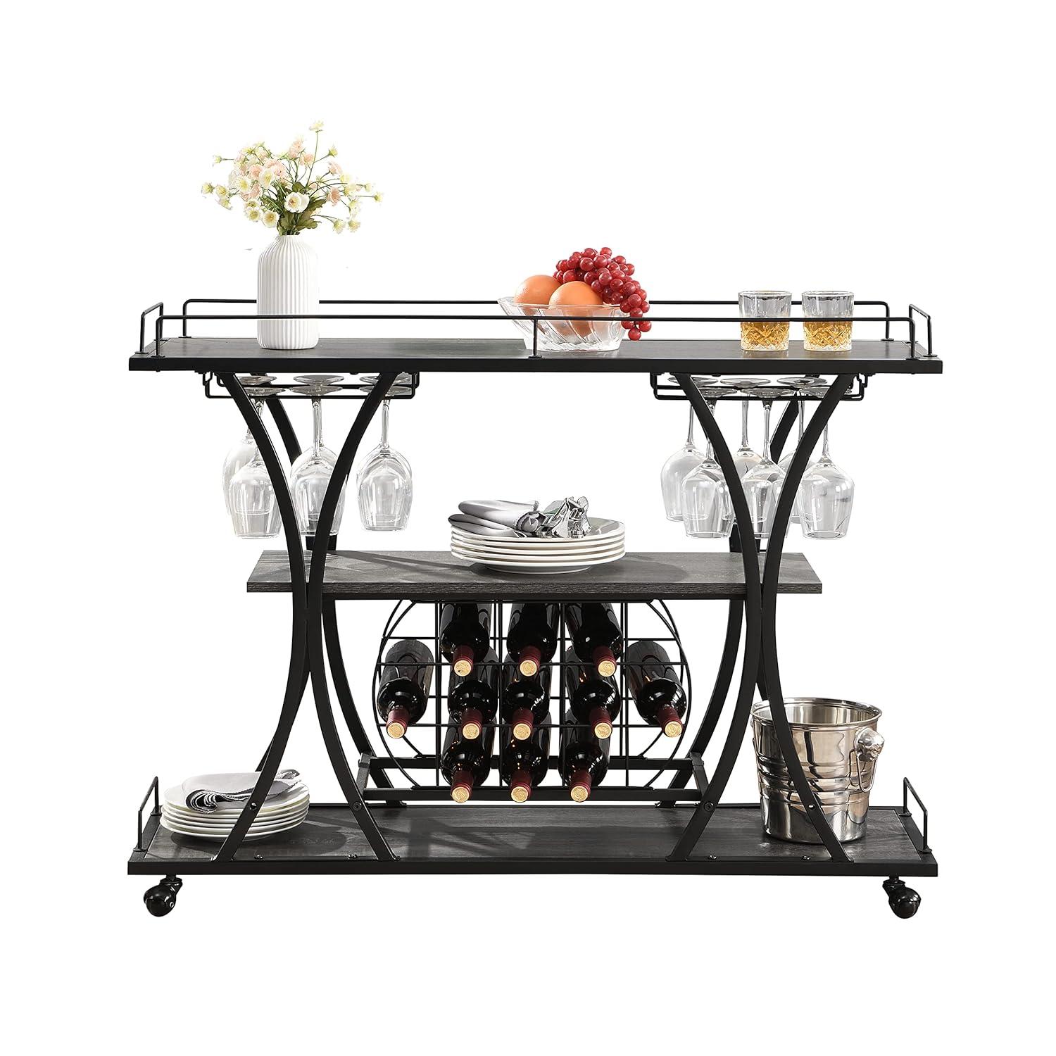 Industrial Bar Cart Kitchen Bar&Serving Cart For Home With Wheels 3 -Tier Storage Shelves