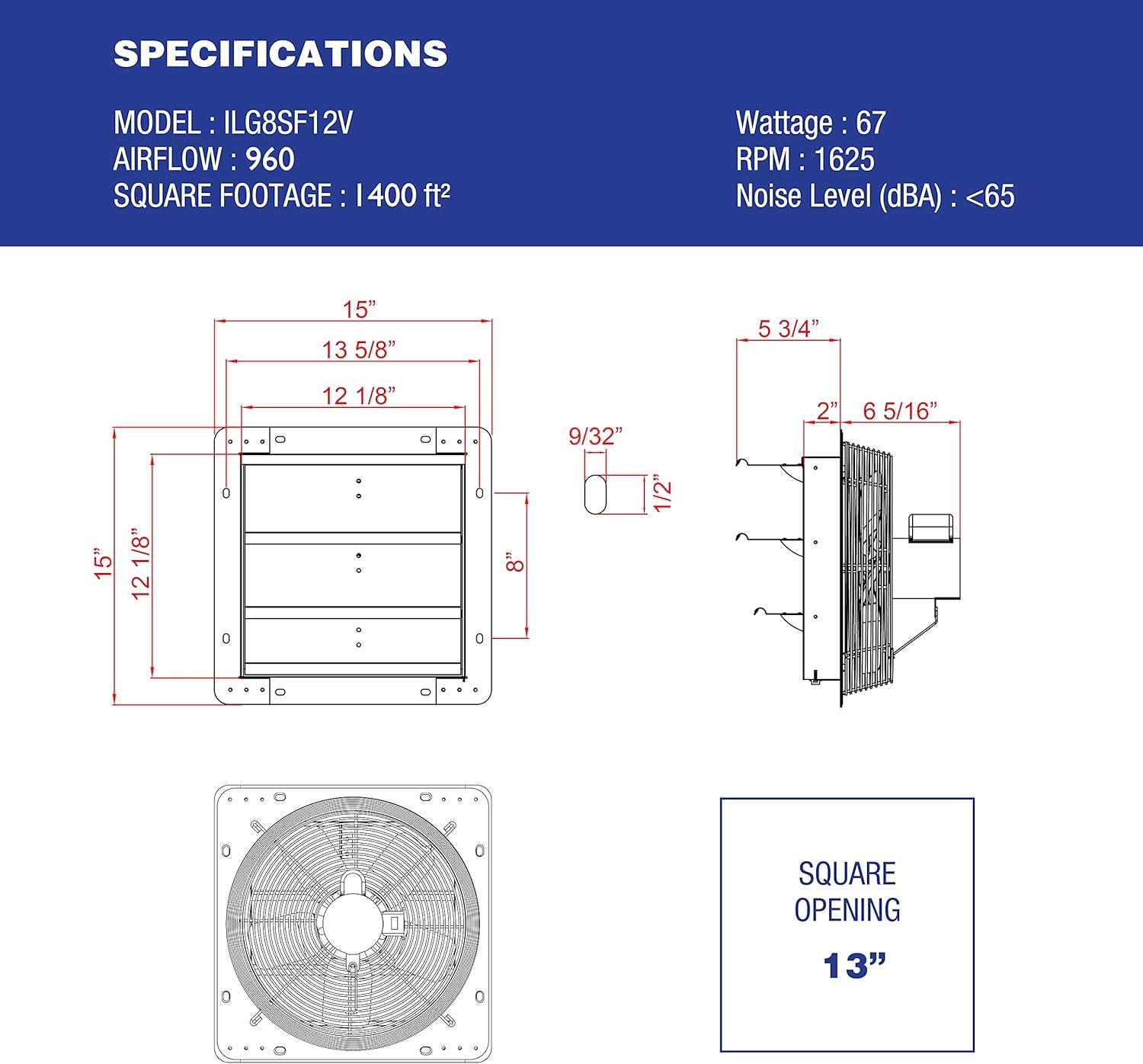 iLiving 12" Silver Wall-Mounted Shutter Exhaust Fan, 960 CFM