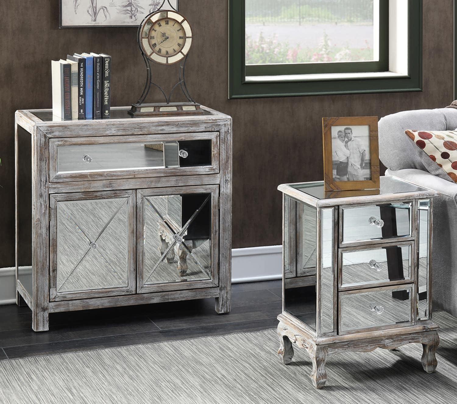 Gold Coast Vineyard Three-Drawer Mirrored End Table in Weathered White Wood