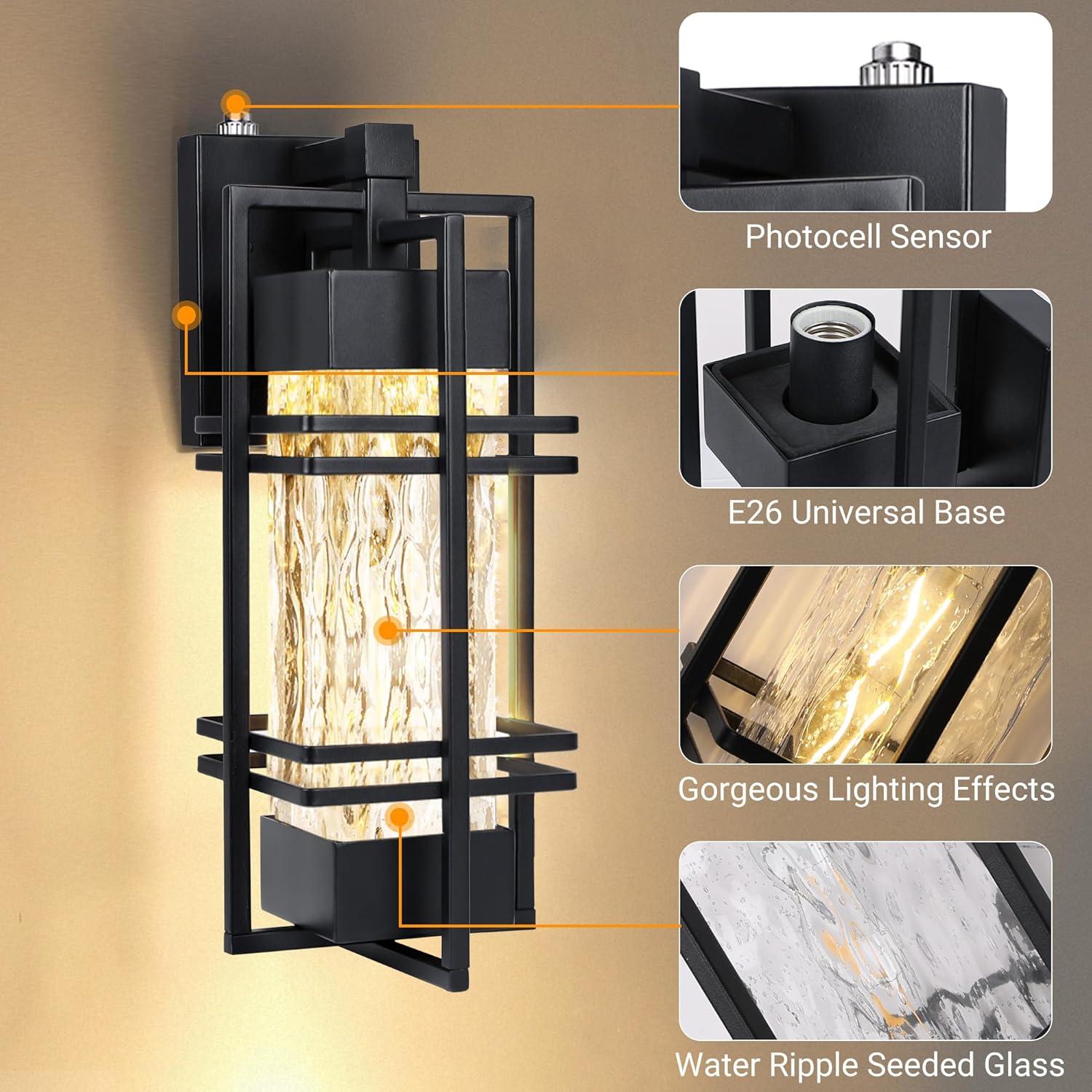 Black Modern Outdoor Wall Lanterns with Tempered Glass Shade, 9.76''