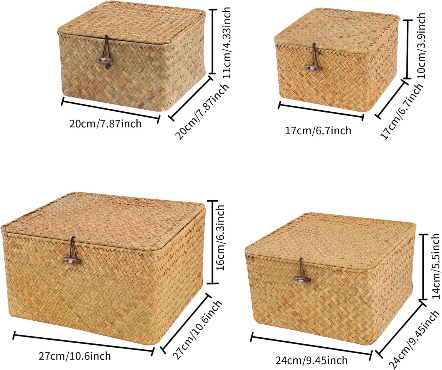 Wicker Shelf Baskets with Lid, Handwoven Seagrass Storage Basket Bins Square Gift Boxes for Shelves Home Decor Organizer (Natural, Set of 4)