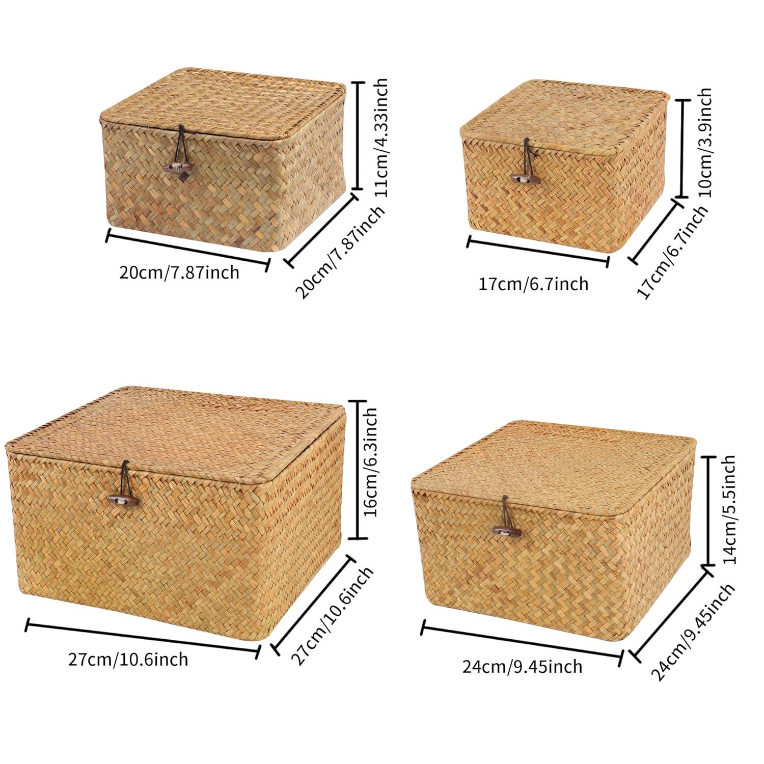 Wicker Shelf Baskets with Lid, Handwoven Seagrass Storage Basket Bins Square Gift Boxes for Shelves Home Decor Organizer (Natural, Set of 4)