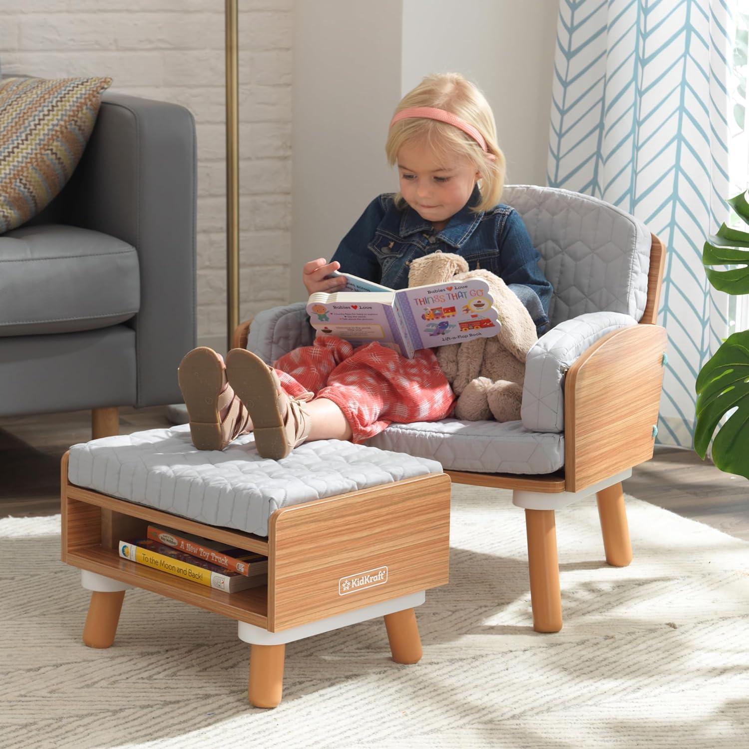 Mid-Century Kid Gray Upholstered Reading Chair & Ottoman with Storage