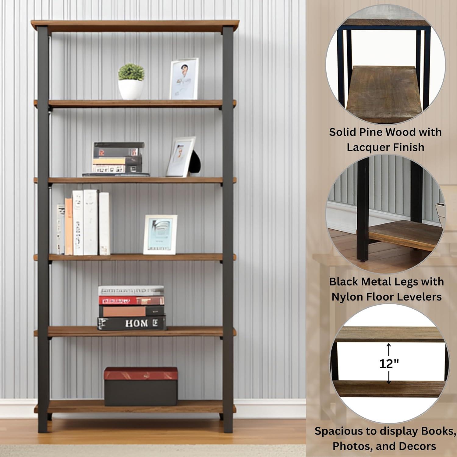 Alaterre Furniture Pomona 70 in. Tall 5-Shelf Solid Pine Wood & Metal Bookcase, Bookshelf for Home Office, Living Room or Bedroom, Natural