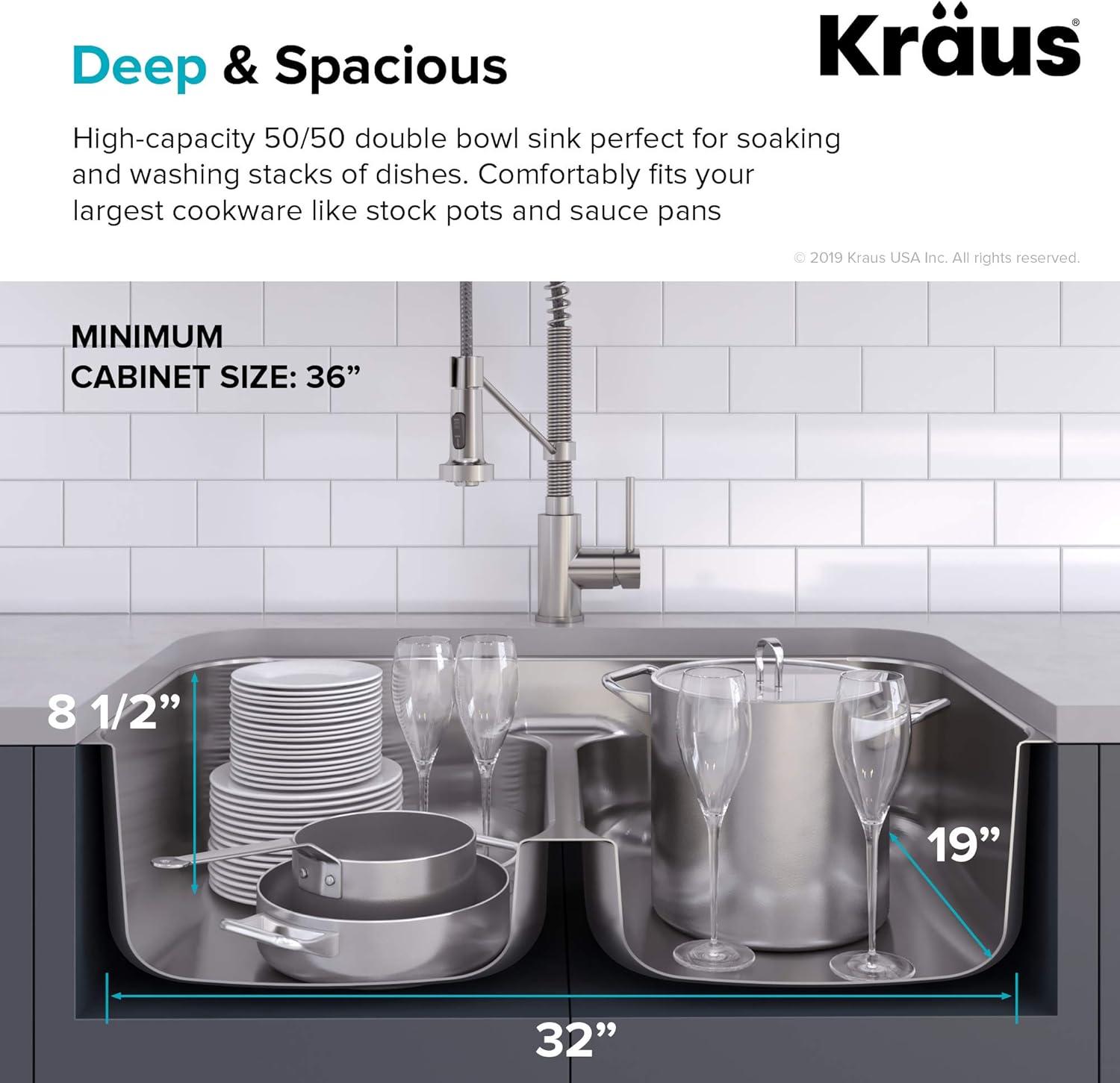 KRAUS Premier 32-inch L 16 Gauge Undermount 50/50 Double Bowl Stainless Steel Kitchen Sink