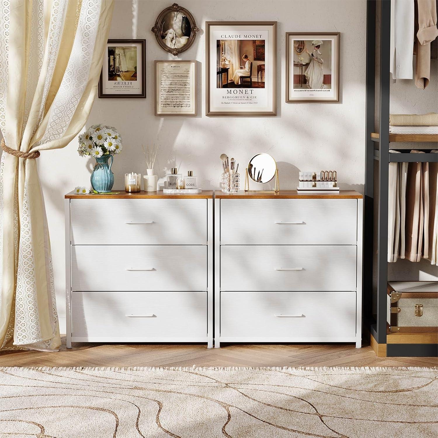 Nightstand,Farmhouse Night stand with 3 Storage Drawer,Small Dresser for Bedroom,Chest of Drawers Fabric Dressers with Steel Frame,Wooden Top Front Bedside Table for Small Space,White+walnut