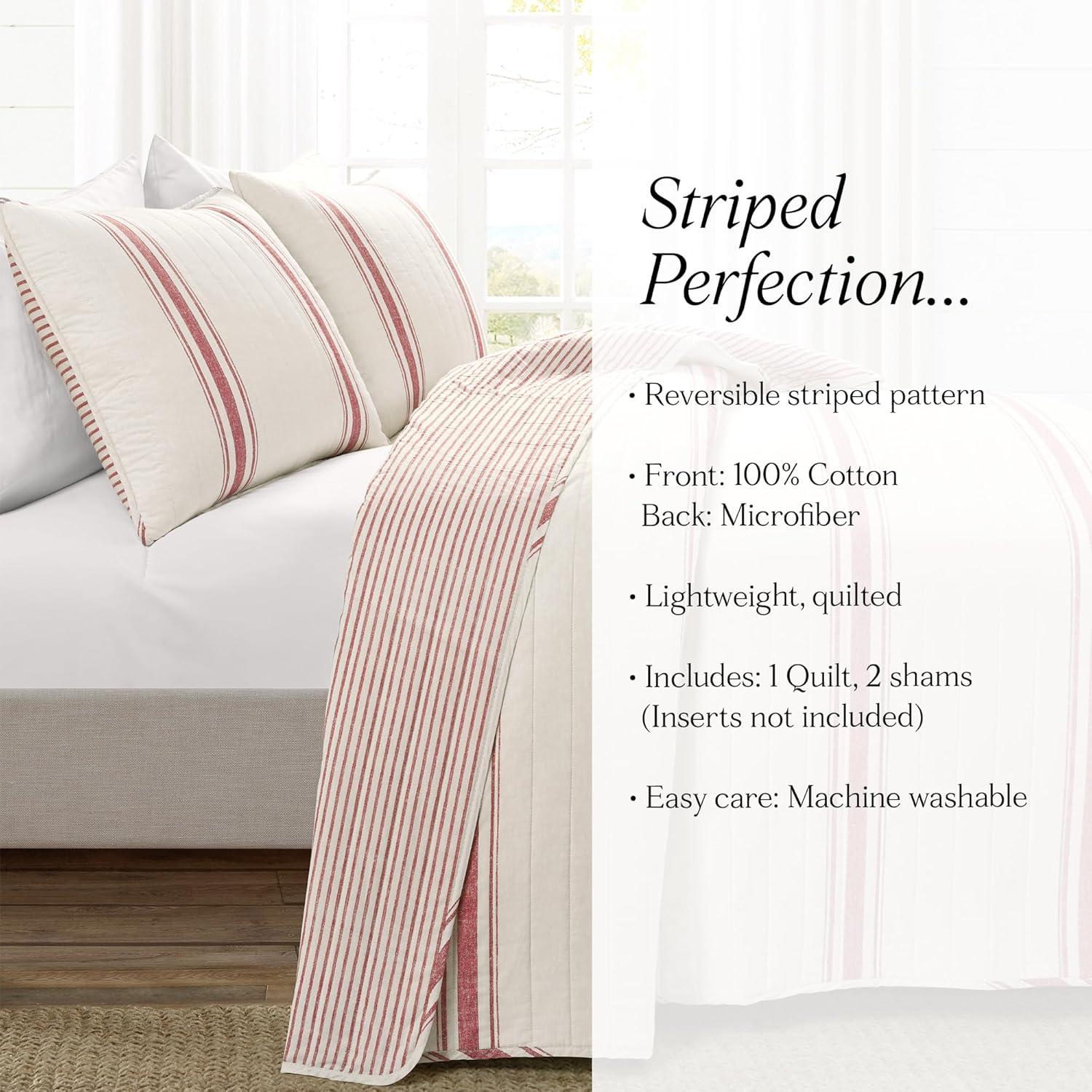 Lush Decor Farmhouse Stripe Cotton Reversible Quilt, King, Red, 3-Pc Set