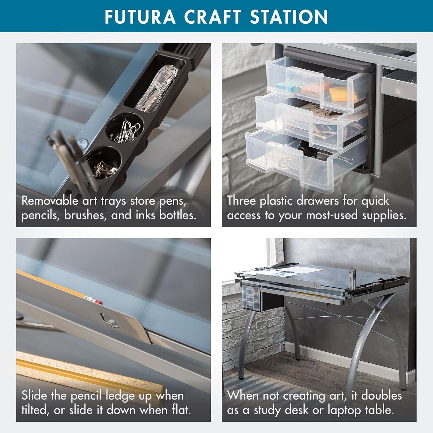 Studio Designs Futura Crafting, Drafting, Drawing Table with Adjustable Top, Silver/Blue Glass- Height 31.50 in.