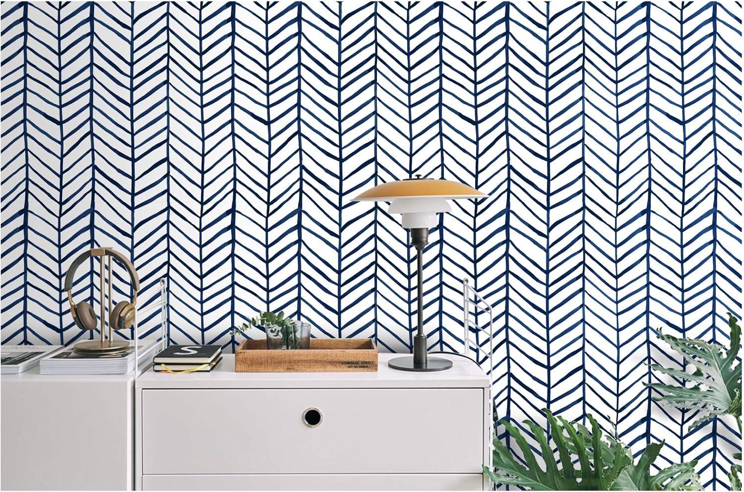 HAOKHOME Blue Wallpaper Navy Peel and Stick Wall Paper Modern Stripe for Bathroom Herringbone Removable Decoration 17.7in x 32.8ft