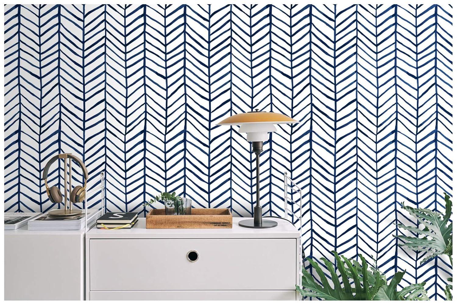 HAOKHOME Blue Wallpaper Navy Peel and Stick Wall Paper Modern Stripe for Bathroom Herringbone Removable Decoration 17.7in x 32.8ft