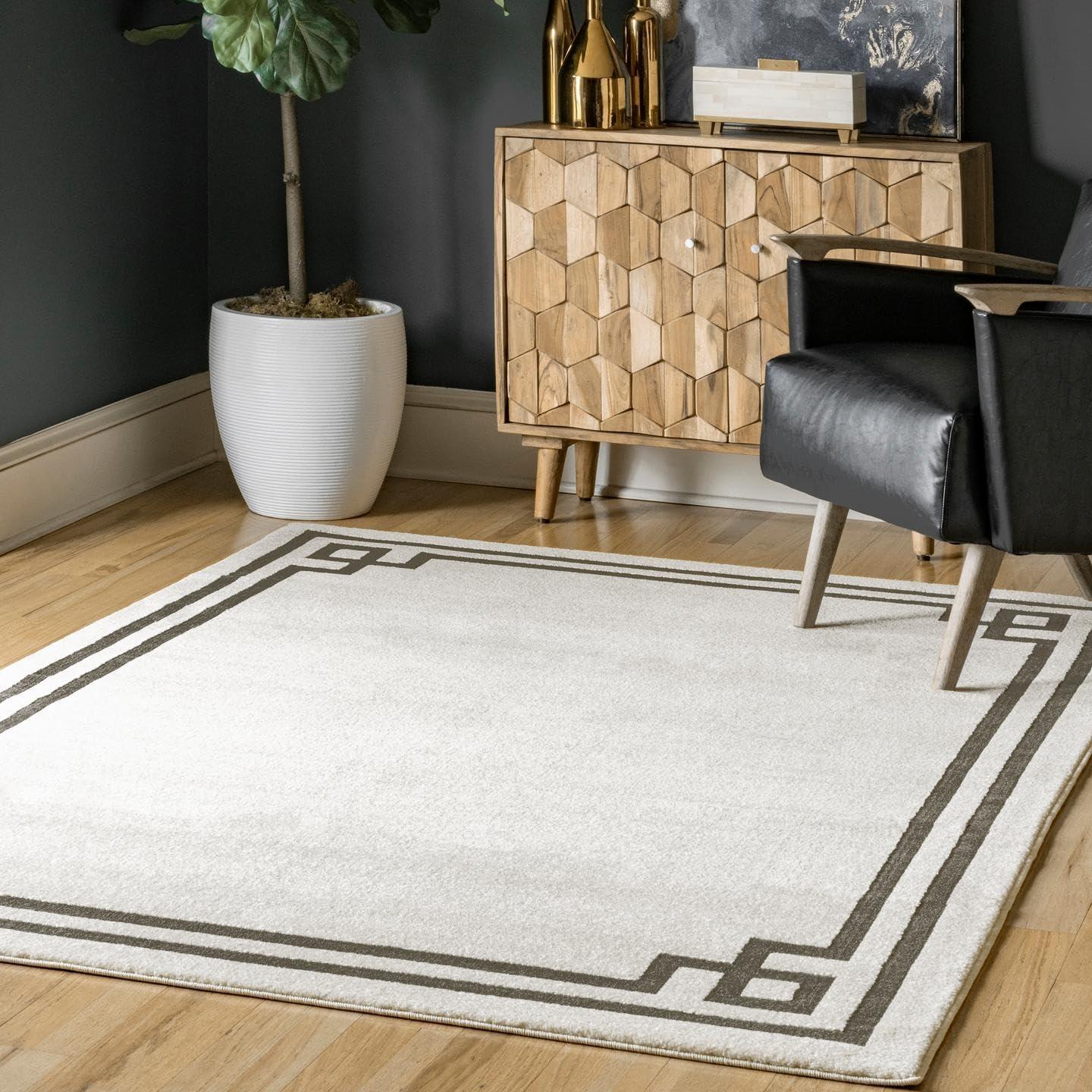 Beige Geometric Border Synthetic Rectangular Area Rug