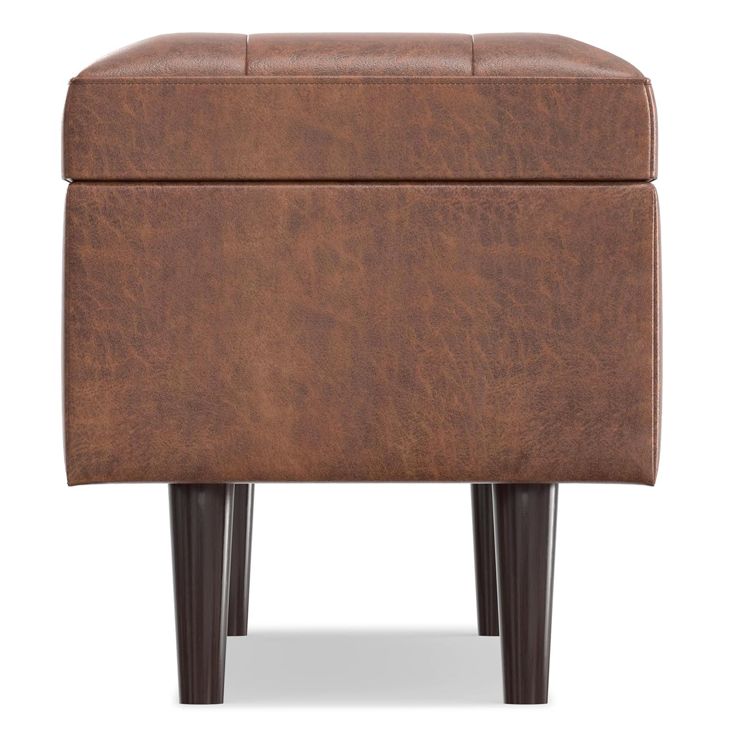 Simpli Home Shay 48 inch W. Modern Storage Ottoman in Distressed Saddle Brown Faux Leather