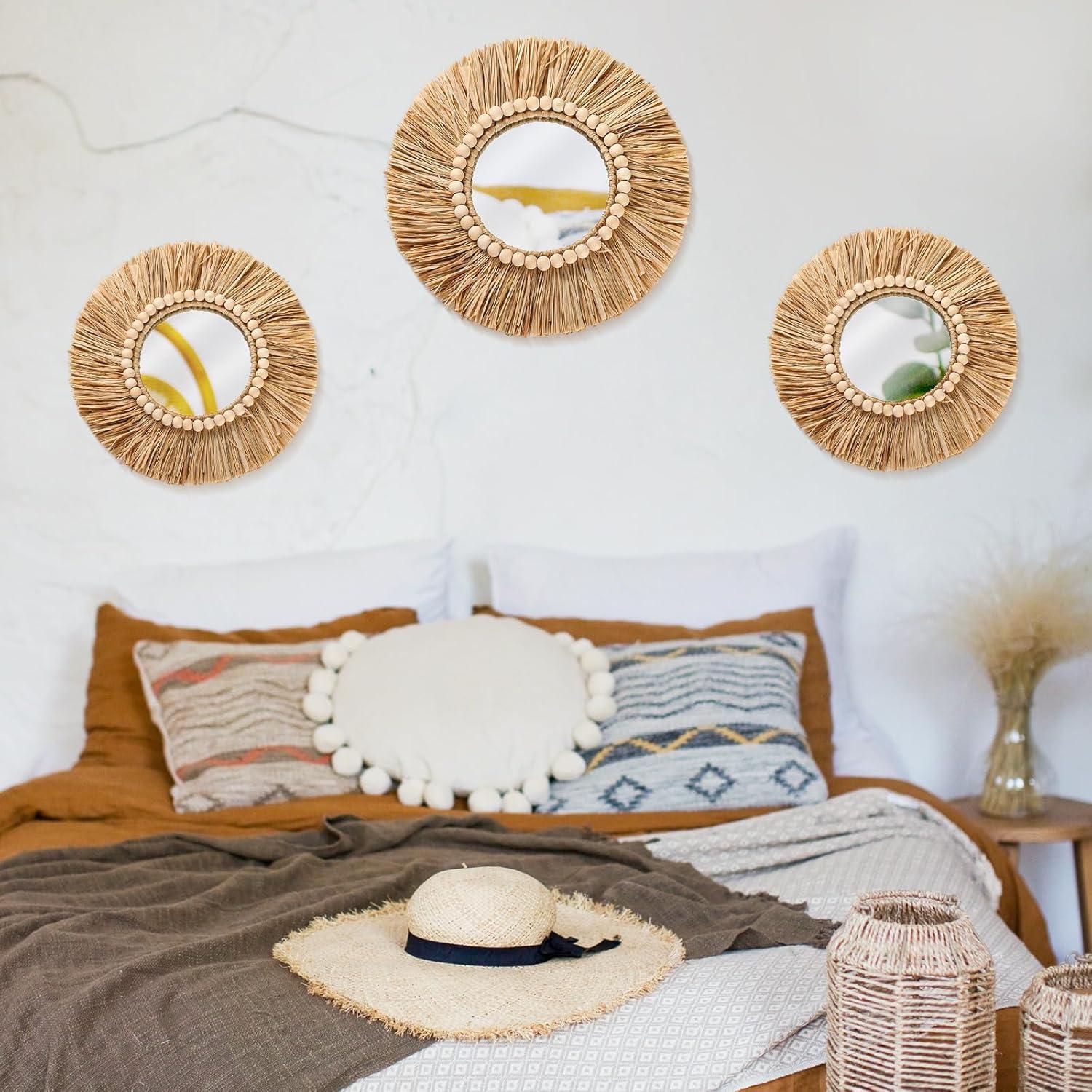 Natural Raffia and Bead Round Wall Mirrors Set