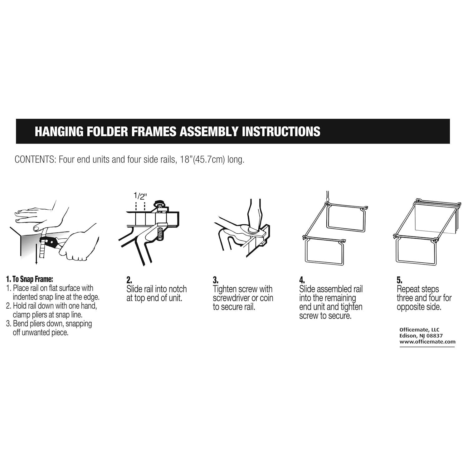 Officemate Hanging File Frames, Letter Size, Rails fits 24 to 27, Files Cabinet, Steel, 2 Sets (91999) , Silver