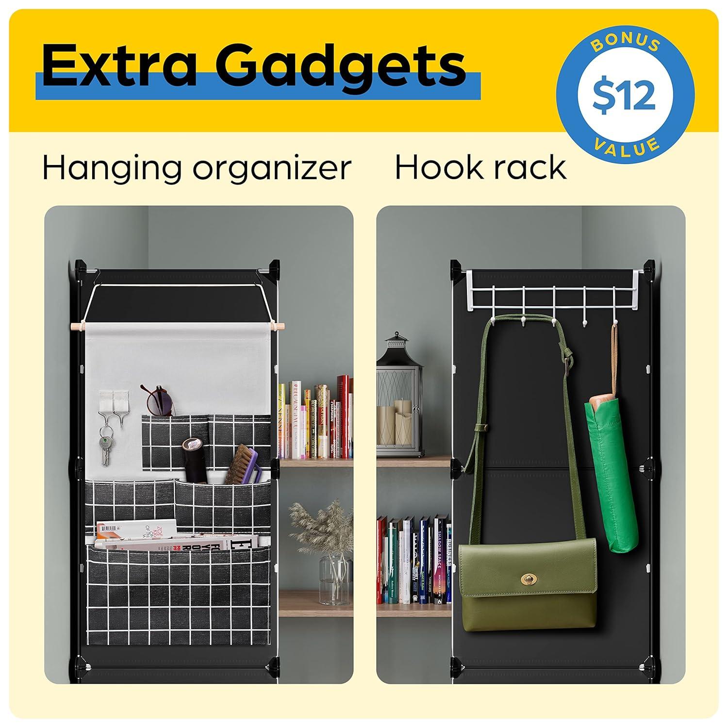 Shoe Organizer Cabinet Up to 72 Pairs, Shoe Closet-Covered Shoe Rack with See-Through Door (Clear, Plastic, Stackable) Cubby Portable Shoe Organizer with Covers, Hooks & Pockets, Black